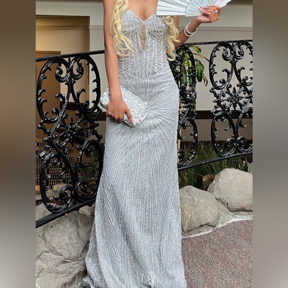 Silver strapless mermaid prom dress